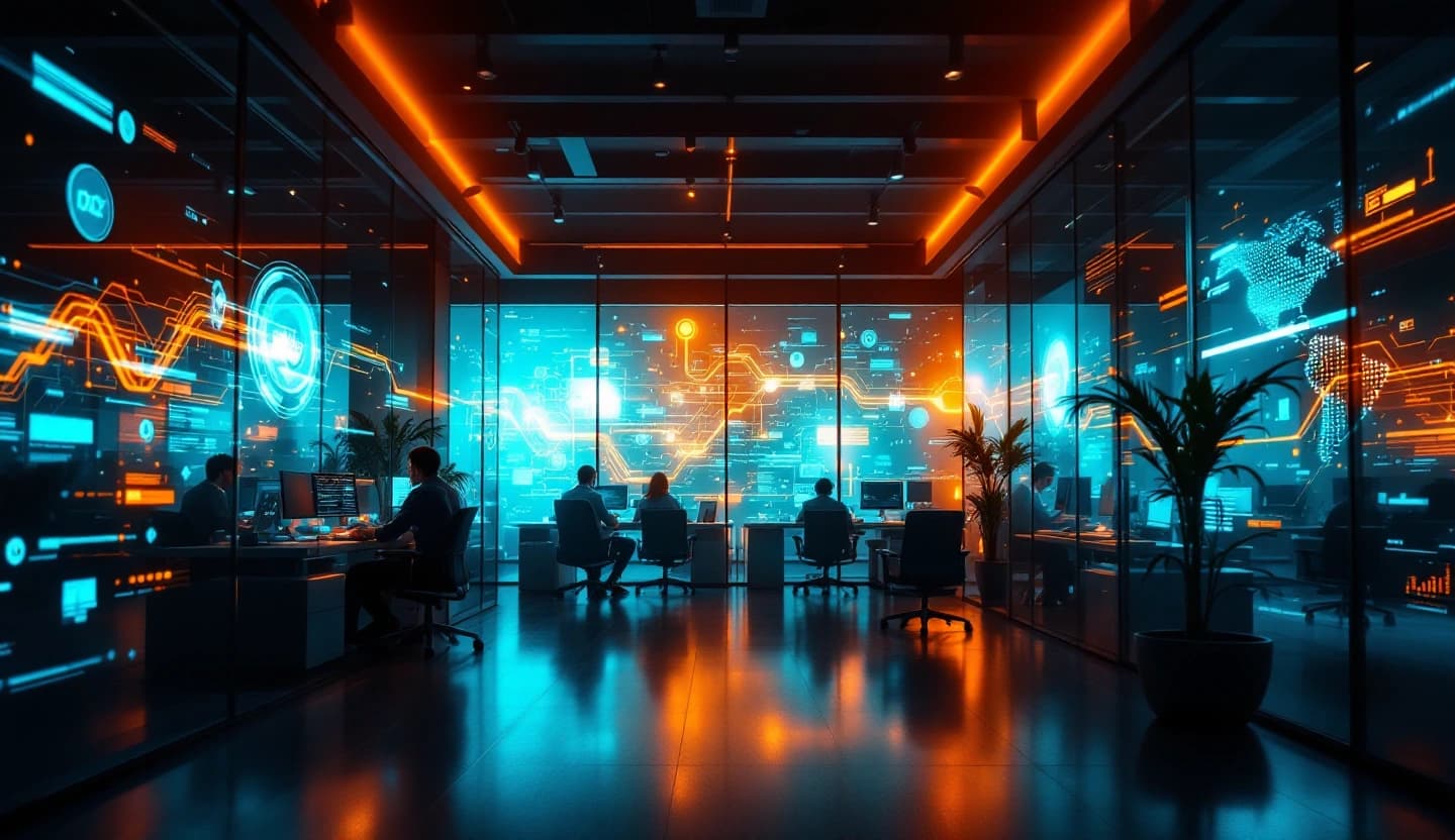 Modern business automation operations center with AI-powered workflow dashboards